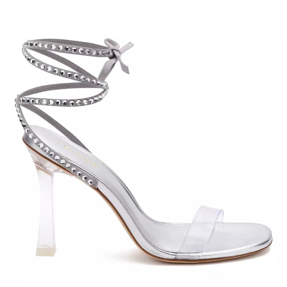 New Larroudé Disco Gloria Embellished Wrap Sandals in Light Grey Silver Size 8